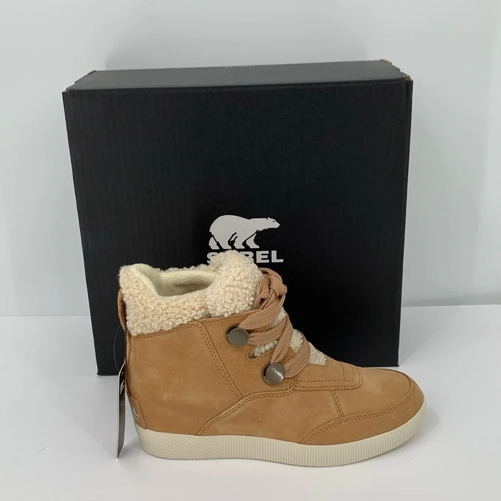 Sorel Out n About Cozy hidden wedge boot suede hiking shearling winter tan new 8